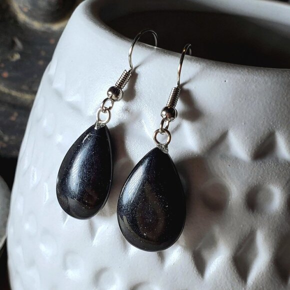 Onyx Gemstone Puffed Teardrop Handcrafted Black Silver Dangle Earrings - Picture 1 of 6